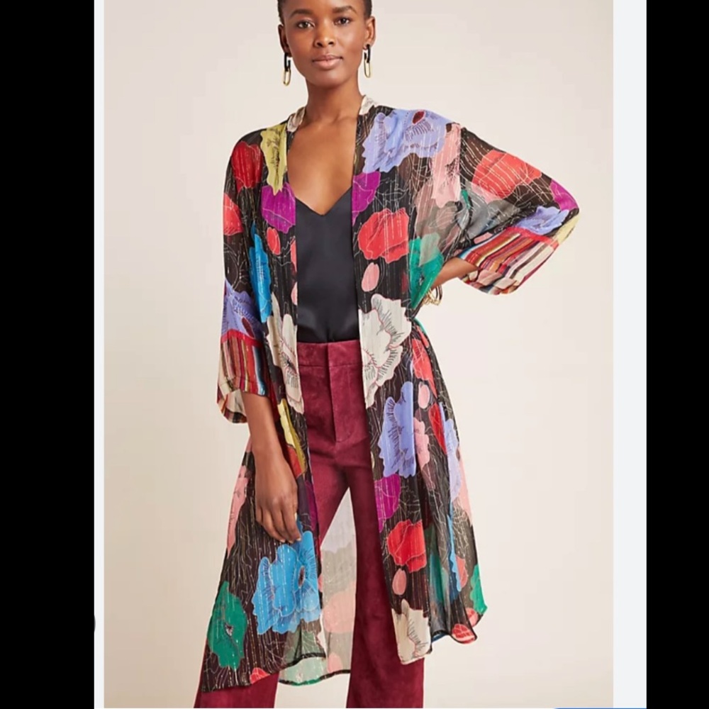 Anthropologie Bl-nk Bea Shimmer Multi Colored Print Duster Kimono